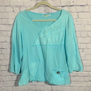 Calypso Womens Cotton Top Blue Size M Lagenlook Artsy Patchwork Long Sleeve